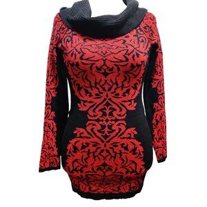 INC International Concepts L Red Black Baroque Knit Off Shoulder Sweater Dress